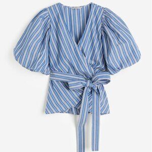 Balloon-Sleeved Blue & White Striped Wrap Blouse - Cotton Blend Puff Sleeve Top